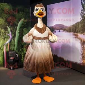 Brown Swans mascot costume character dressed with a Maxi Dress and Hair clips