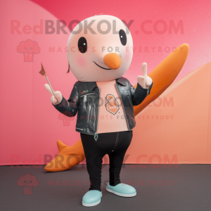 Peach Narwhal mascot costume character dressed with a Leather Jacket and Lapel pins