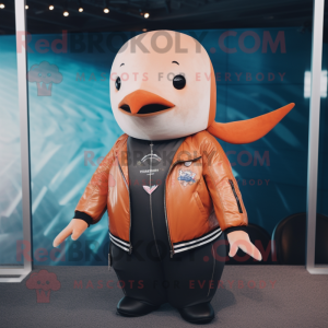 Peach Narwhal mascot costume character dressed with a Leather Jacket and Lapel pins