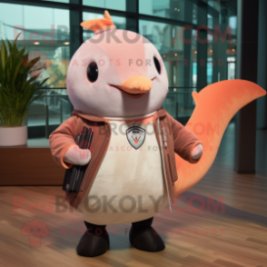 Peach Narwhal mascot costume character dressed with a Leather Jacket and Lapel pins