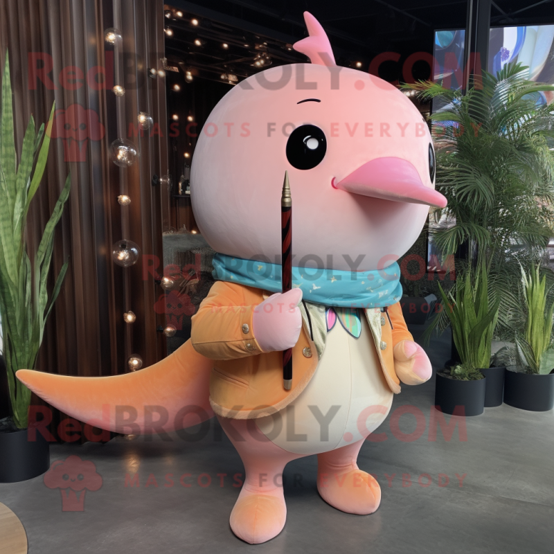 Peach Narwhal mascot costume character dressed with a Leather Jacket and Lapel pins