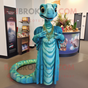 Cyan Anaconda mascot costume character dressed with a Maxi Dress and Bow ties