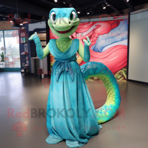 Cyan Anaconda mascot costume character dressed with a Maxi Dress and Bow ties