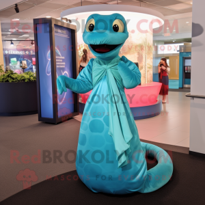 Cyan Anaconda mascot costume character dressed with a Maxi Dress and Bow ties