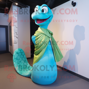 Cyan Anaconda mascot costume character dressed with a Maxi Dress and Bow ties