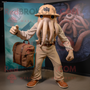 Tan Kraken mascot costume character dressed with a Jeans and Messenger bags