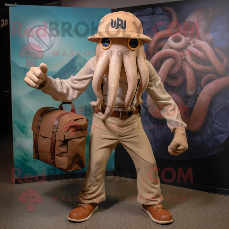 Tan Kraken mascot costume character dressed with a Jeans and Messenger bags