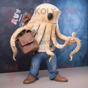 Tan Kraken mascot costume character dressed with a Jeans and Messenger bags