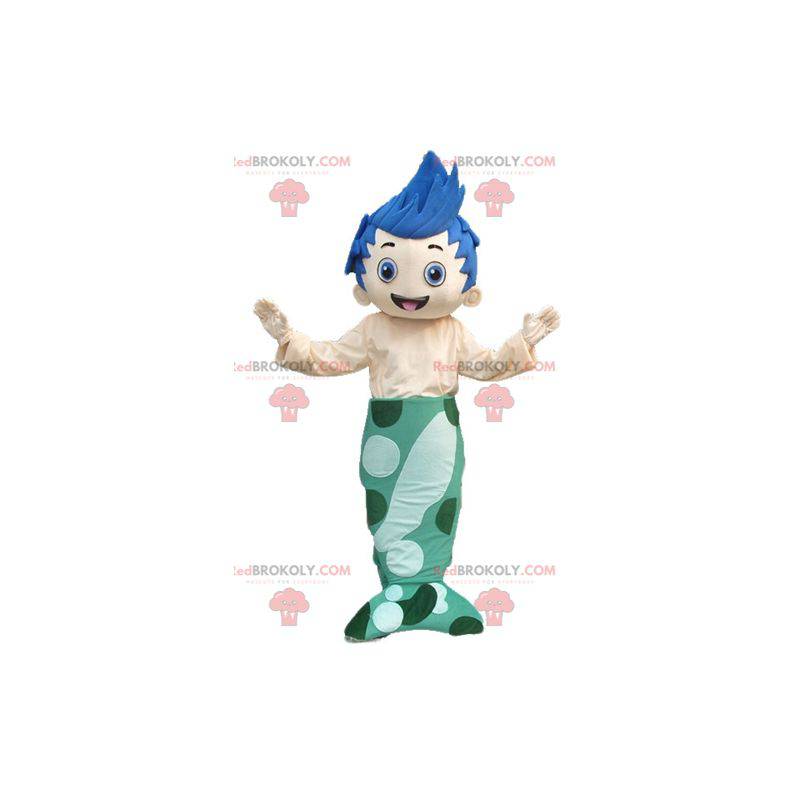 Mascotte de garçon de sirène aux cheveux bleus - Redbrokoly.com