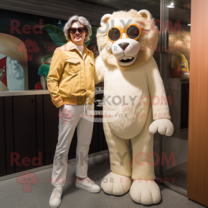Cream Tamer Lion mascot costume character dressed with a Boyfriend Jeans and Sunglasses