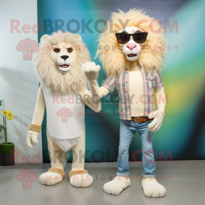 Cream Tamer Lion mascot costume character dressed with a Boyfriend Jeans and Sunglasses