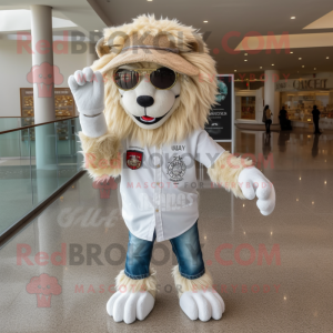 Cream Tamer Lion mascot costume character dressed with a Boyfriend Jeans and Sunglasses