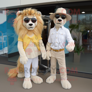 Cream Tamer Lion mascot costume character dressed with a Boyfriend Jeans and Sunglasses