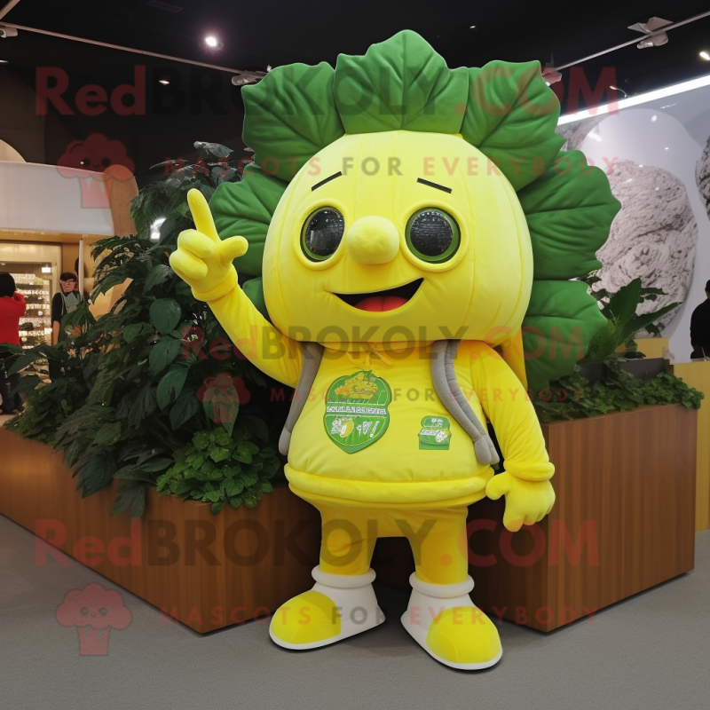 Lemon Yellow Broccoli mascot costume character dressed with a Jacket and Keychains