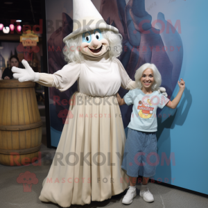 Cream Witch mascot costume character dressed with a Mom Jeans and Wraps