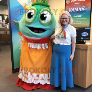 nan Fish Tacos mascot costume character dressed with a Maxi Skirt and Watches