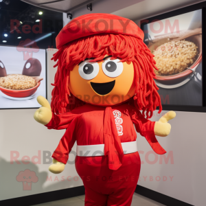 Red Ramen mascot costume character dressed with a Blouse and Ties