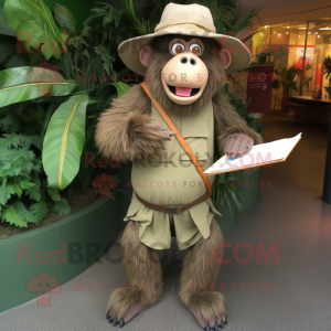 Olive Baboon mascot costume character dressed with a Pencil Skirt and Hat pins