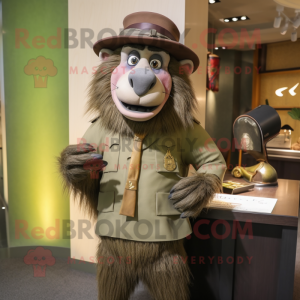 Olive Baboon mascot costume character dressed with a Pencil Skirt and Hat pins