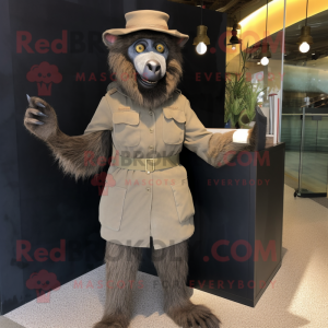 Olive Baboon mascot costume character dressed with a Pencil Skirt and Hat pins