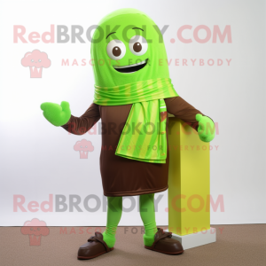 Lime Green Chocolate Bar mascot costume character dressed with a Jeggings and Scarf clips