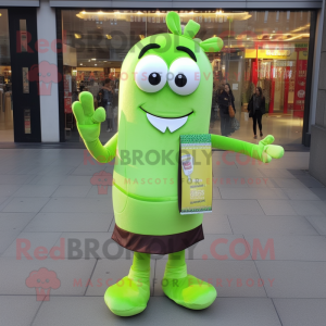 Lime Green Chocolate Bar mascot costume character dressed with a Jeggings and Scarf clips
