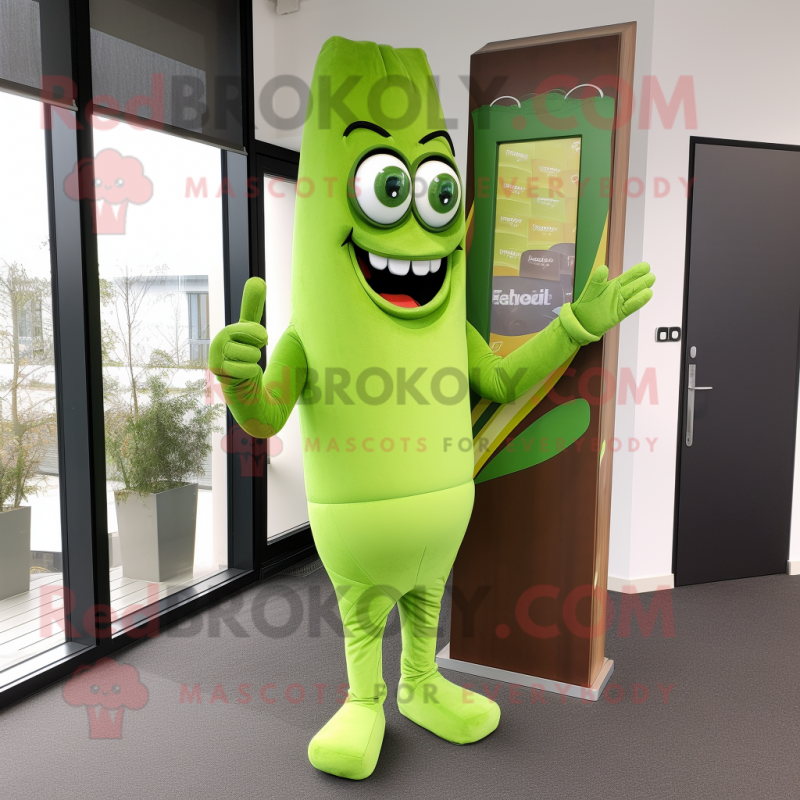 Lime Green Chocolate Bar mascot costume character dressed with a Jeggings and Scarf clips Lime Green Chocolate Bar mascot costume character dressed with a Jeggings and Scarf clips