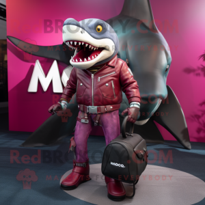 Magenta Megalodon mascot costume character dressed with a Moto Jacket and Handbags