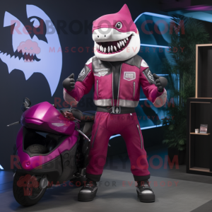 Magenta Megalodon mascot costume character dressed with a Moto Jacket and Handbags