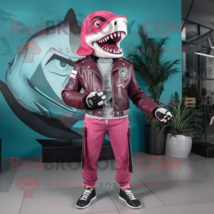 Magenta Megalodon mascot costume character dressed with a Moto Jacket and Handbags