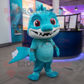 Cyan Barracuda mascot costume character dressed with a Pencil Skirt and Earrings