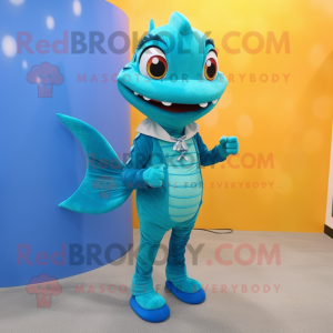 Cyan Barracuda mascot costume character dressed with a Pencil Skirt and Earrings