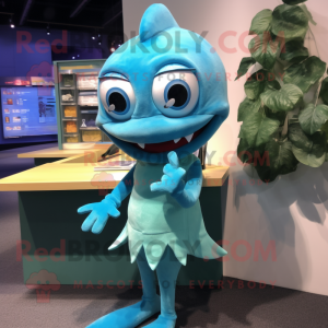 Cyan Barracuda mascot costume character dressed with a Pencil Skirt and Earrings