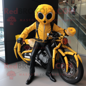 Yellow Spider mascot costume character dressed with a Biker Jacket and Wallets