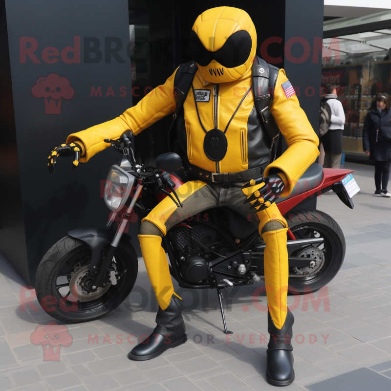 Yellow Spider mascot costume character dressed with a Biker Jacket and Wallets Yellow Spider mascot costume character dressed with a Biker Jacket and Wallets