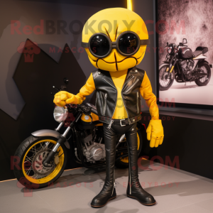 Yellow Spider mascot costume character dressed with a Biker Jacket and Wallets