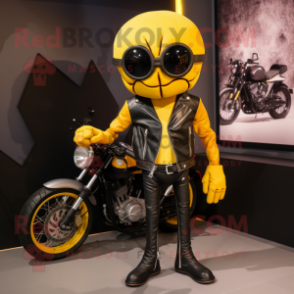 Yellow Spider mascot costume character dressed with a Biker Jacket and Wallets