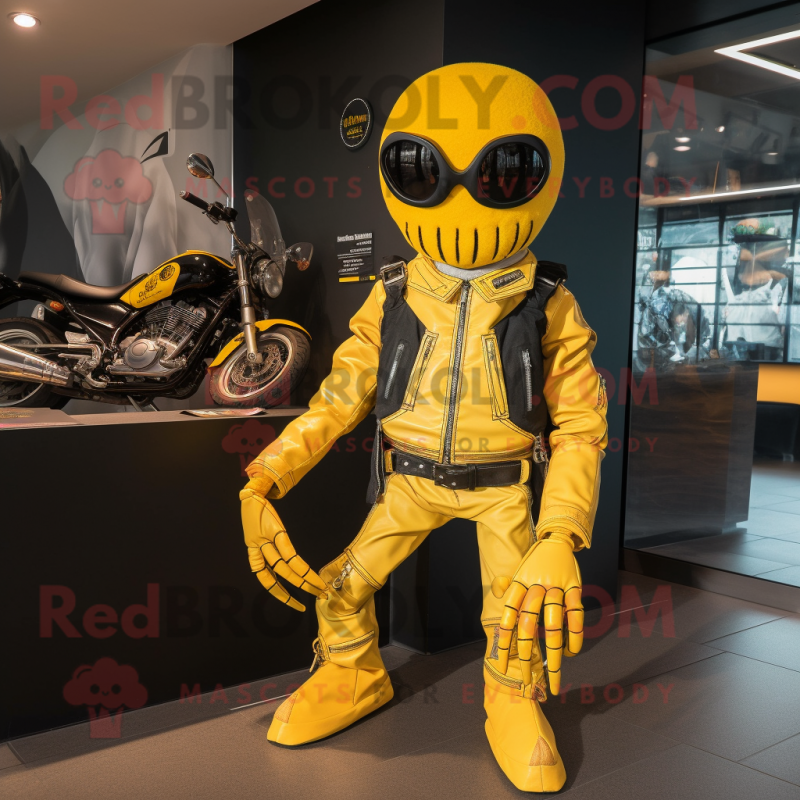 Yellow Spider mascot costume character dressed with a Biker Jacket and Wallets Yellow Spider mascot costume character dressed with a Biker Jacket and Wallets
