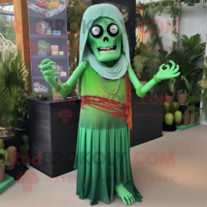 Green Graveyard mascot costume character dressed with a Maxi Skirt and Scarves