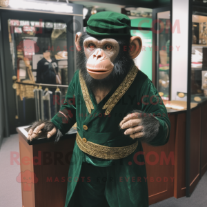 Forest Green Chimpanzee mascot costume character dressed with a Waistcoat and Wraps