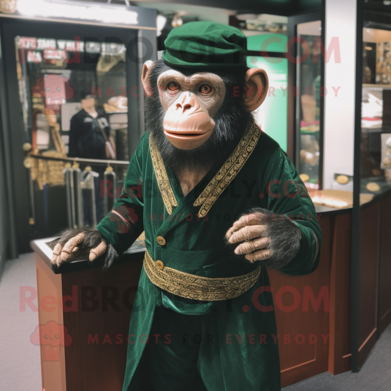 Forest Green Chimpanzee mascot costume character dressed with a Waistcoat and Wraps Forest Green Chimpanzee mascot costume character dressed with a Waistcoat and Wraps