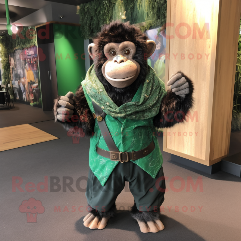 Forest Green Chimpanzee mascot costume character dressed with a Waistcoat and Wraps