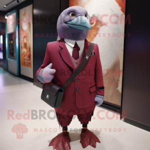 Maroon Pigeon mascot costume character dressed with a Suit Jacket and Clutch bags