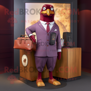 Maroon Pigeon mascot costume character dressed with a Suit Jacket and Clutch bags