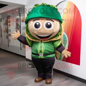 Forest Green Tacos mascot costume character dressed with a Windbreaker and Suspenders