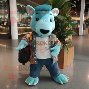 Turquoise Tapir mascot costume character dressed with a Flare Jeans and Messenger bags