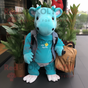 Turquoise Tapir mascot costume character dressed with a Flare Jeans and Messenger bags