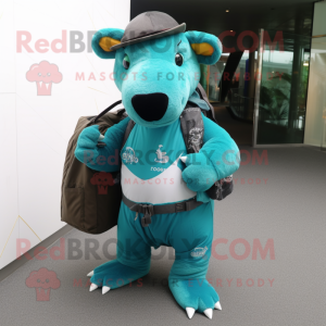 Turquoise Tapir mascot costume character dressed with a Flare Jeans and Messenger bags