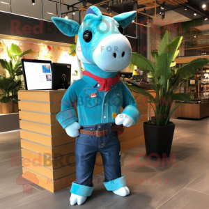 Turquoise Tapir mascot costume character dressed with a Flare Jeans and Messenger bags