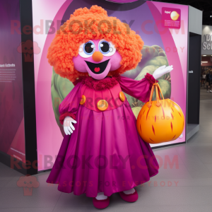 Magenta Mandarin mascot costume character dressed with a Ball Gown and Tote bags